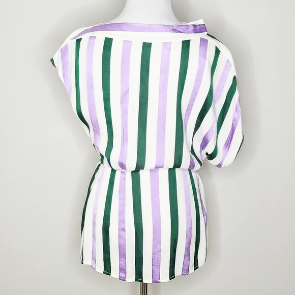 Lewit Striped Purple Green Draped Puplum Top M - Picture 5 of 7